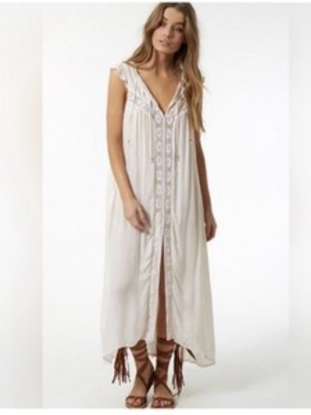SPELL white crochet-lace maxi dress V-Neck ties flutter sleeve XL Rare Unicorn - Picture 12 of 12